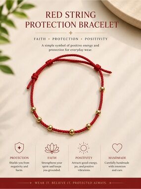 Red String Protection Bracelet with Gold Beads - Faith & Positivity